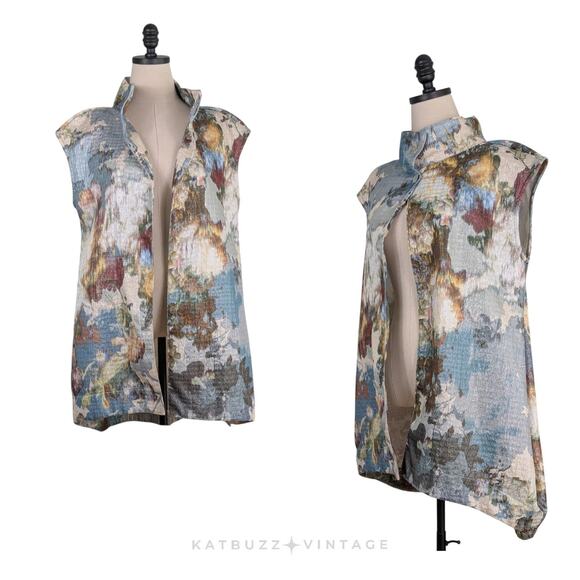 Bryn Walk Vest Top S Floral Metallic Cream Blue Tapestry Lagenlook Artsy Layer - Picture 1 of 10